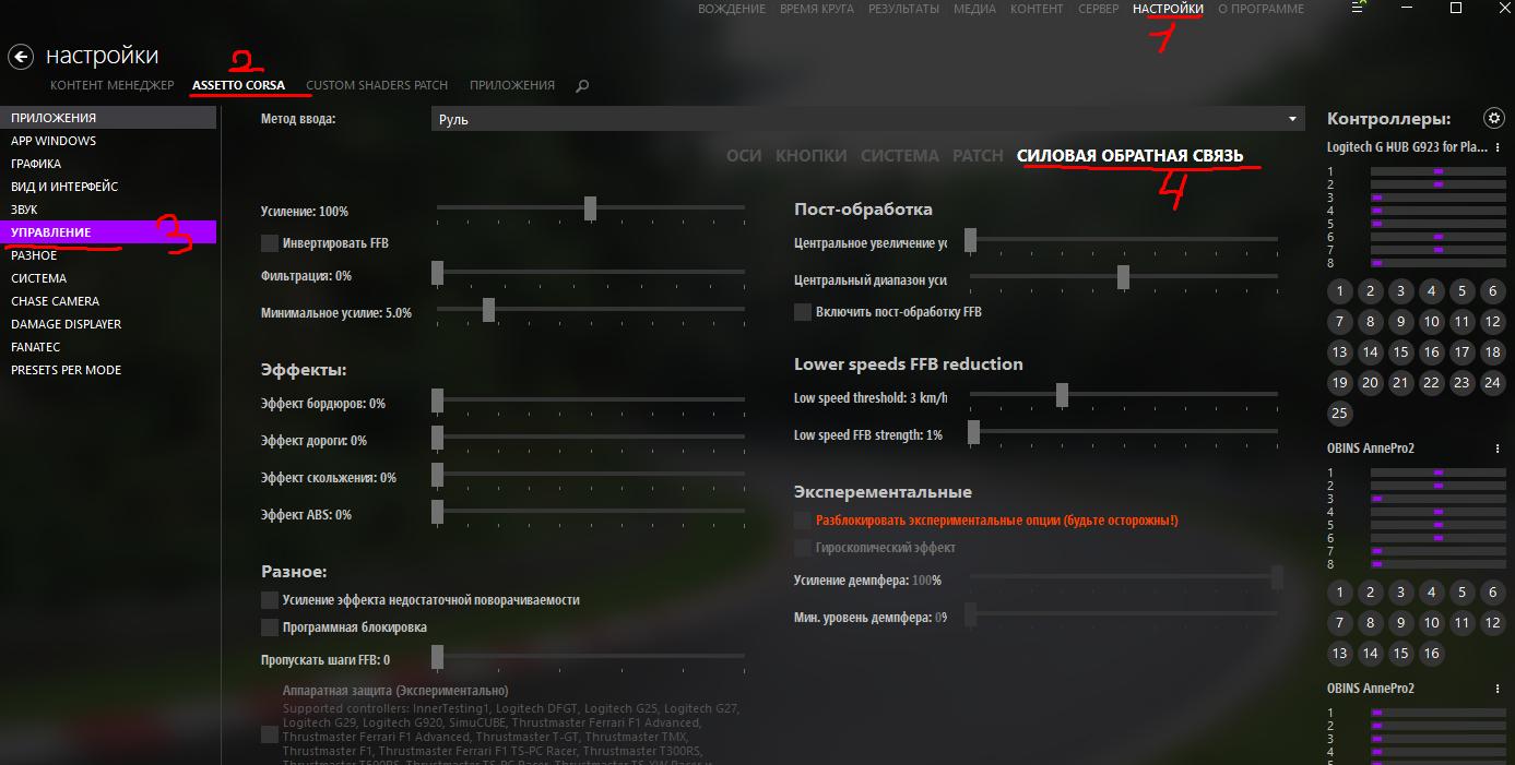 Какие настройки управления в Assetto Corsa для руля G923?